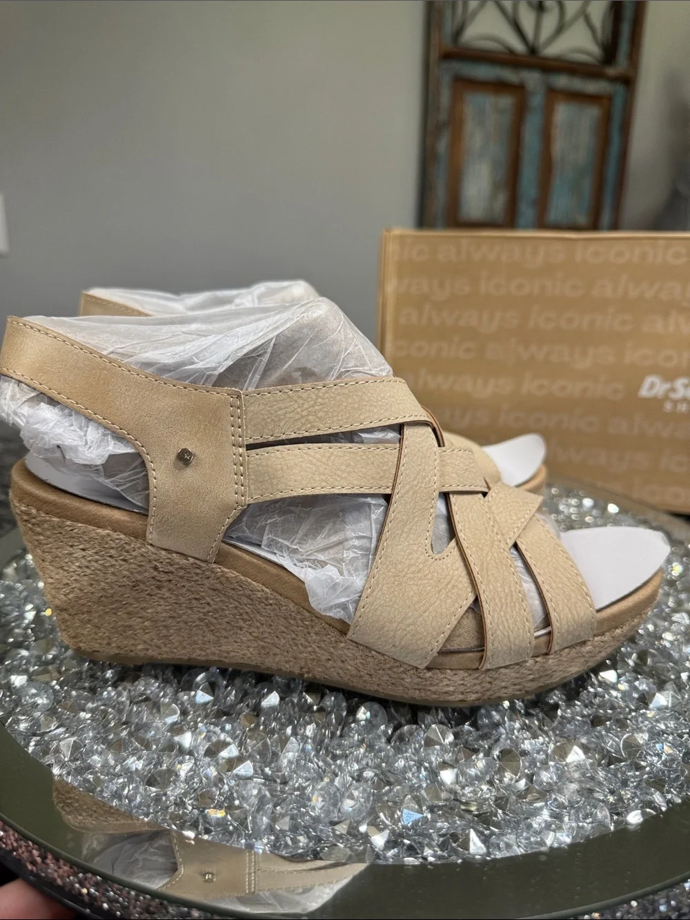 Dr. Scholl's Everlasting leather tan Woven Espadrille Wedge Sandals NEW 8